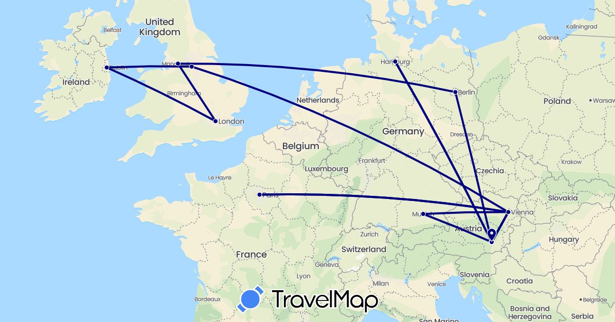 TravelMap itinerary: driving in Austria, Germany, France, United Kingdom, Ireland (Europe)